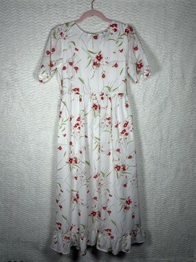 Roolee White Dress with Red Floral Print and Green Accents. Spring Time Beauty 🧡